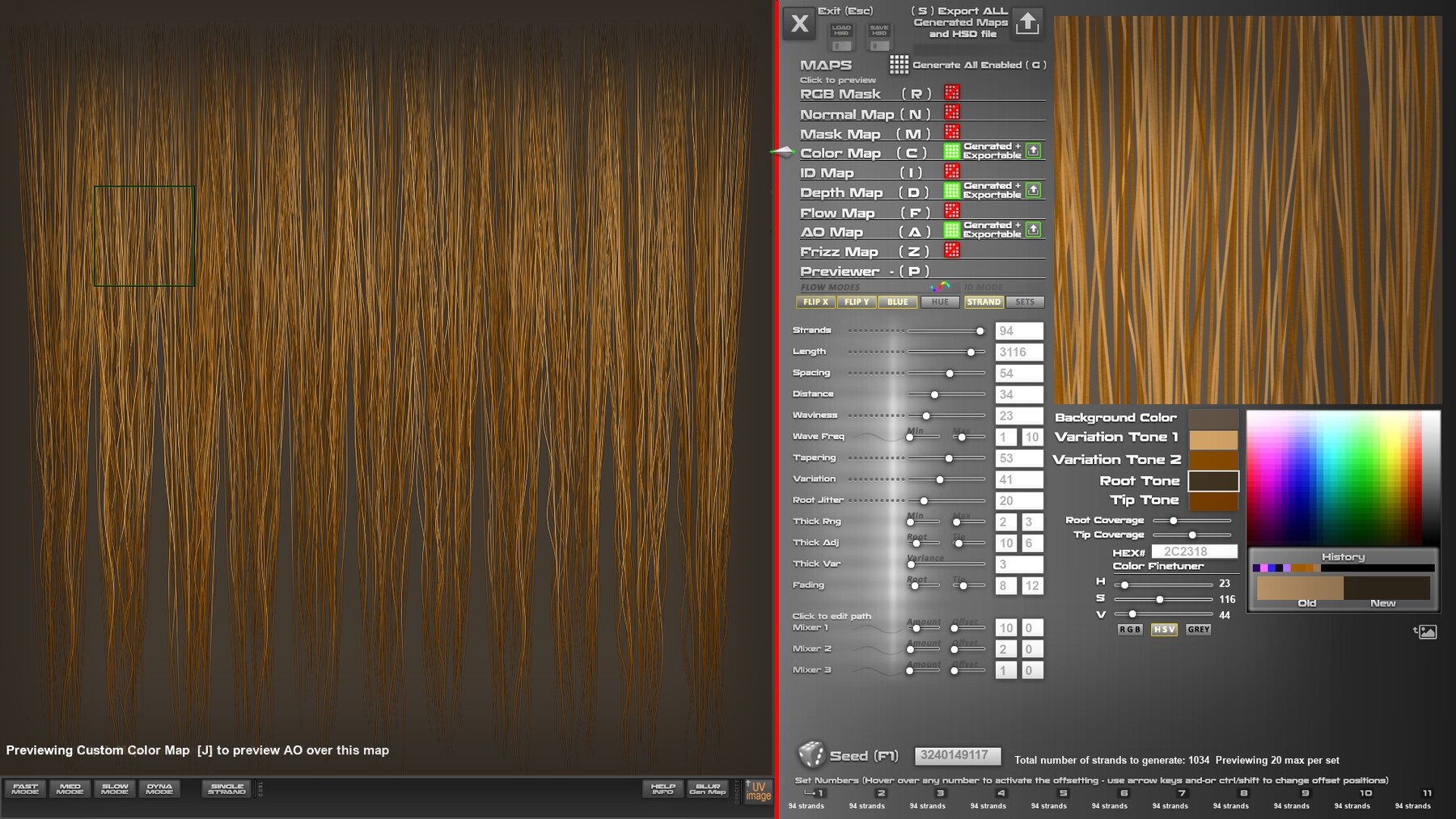 Hair Strand Designer interface showing procedural hair texture creation