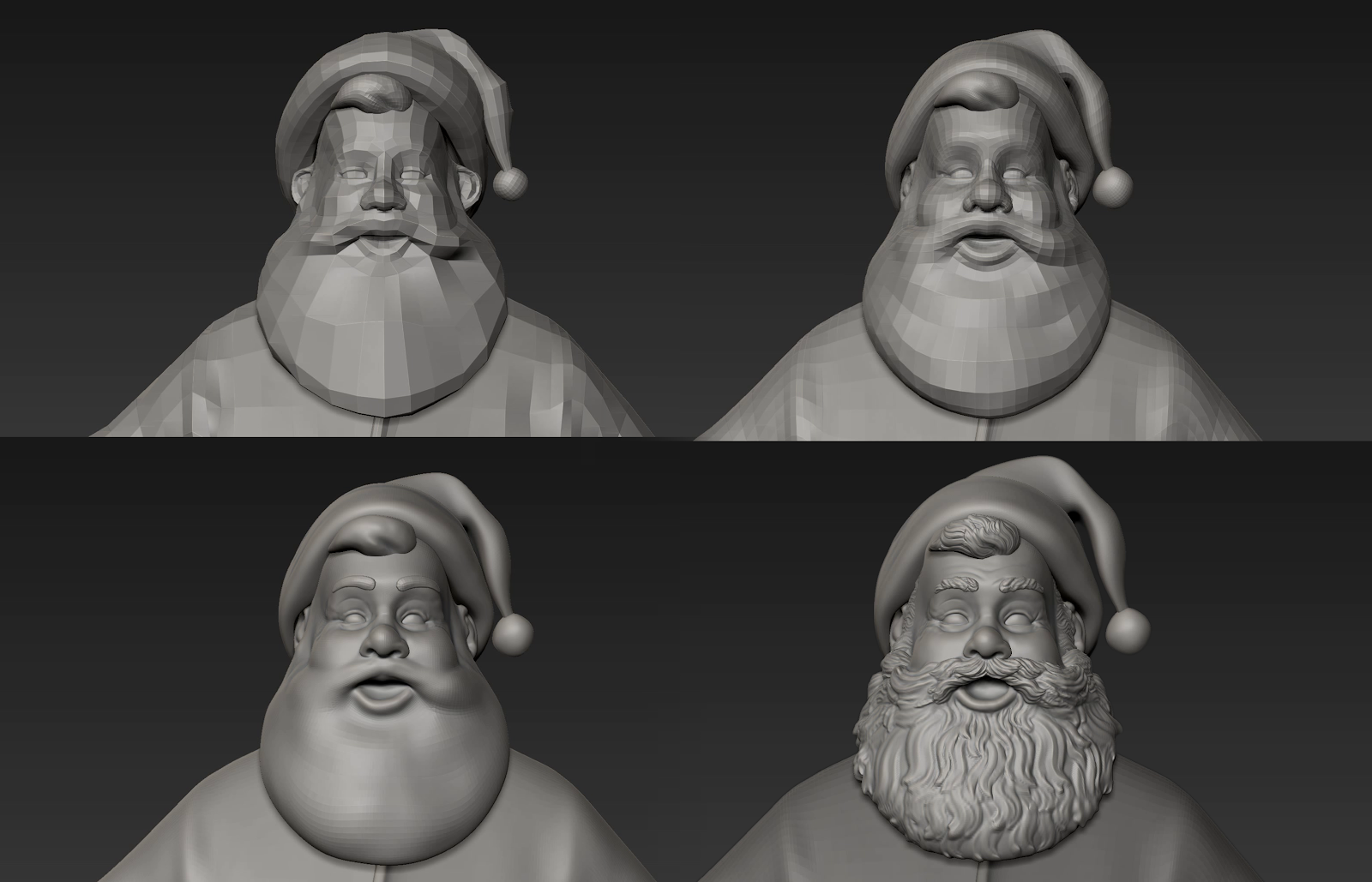 Four stages of a high-resolution Santa Claus sculpt