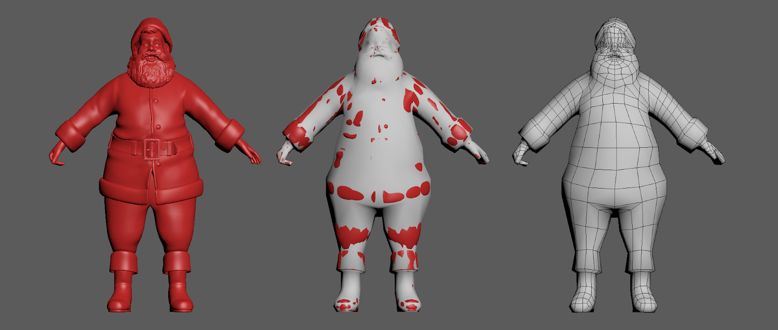 Santa Claus high-poly, overlap and low-poly mesh comparison