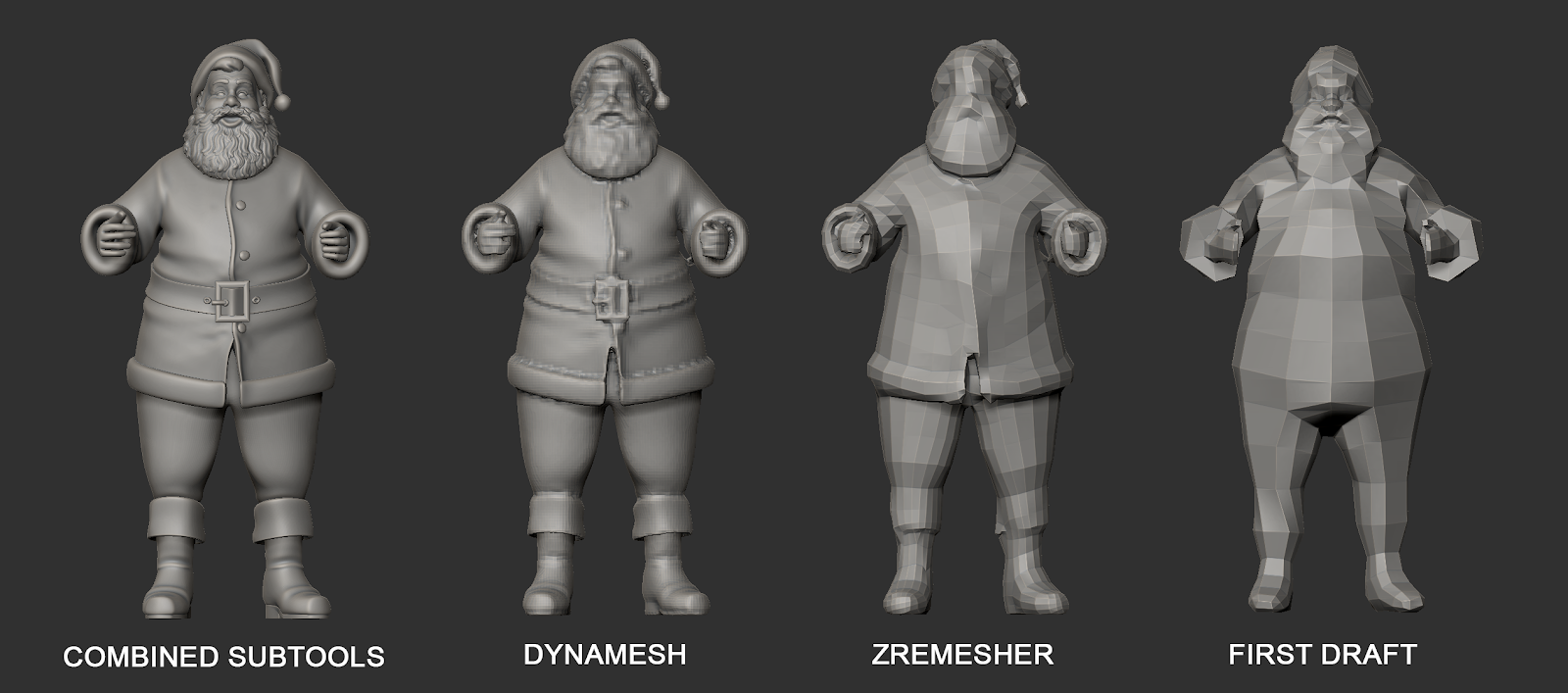 Santa Claus mesh stages from combined subtools to first low-poly draft
