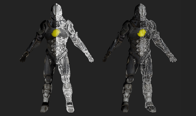Two game characters displaying dense triangulated topology