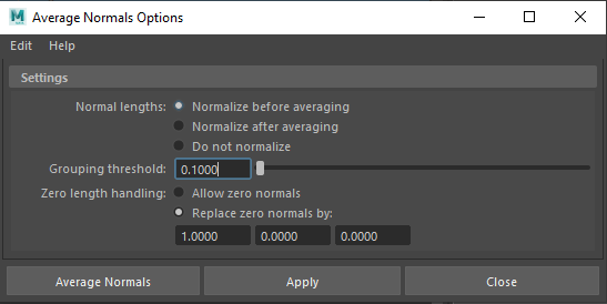 Maya Average Normals options window