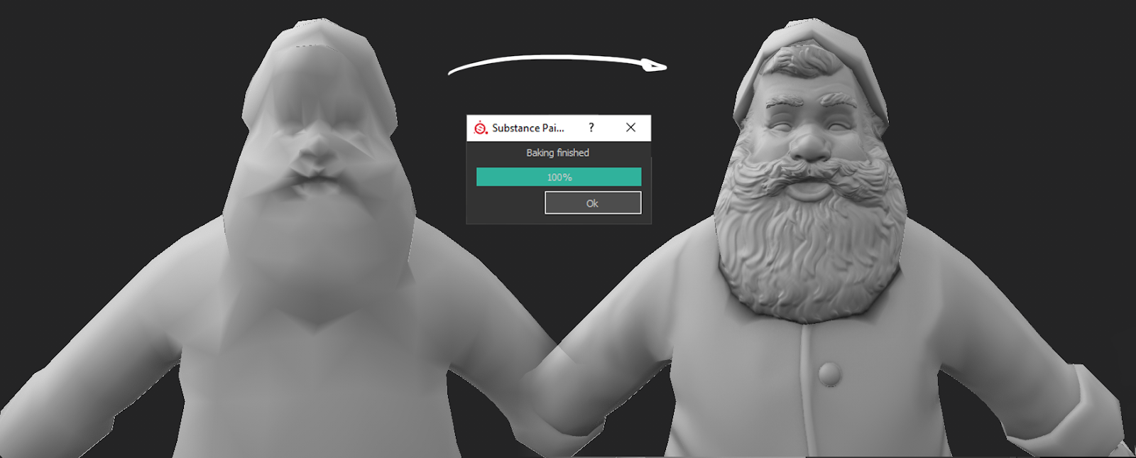 Santa Claus low-poly mesh before and after high-definition baking
