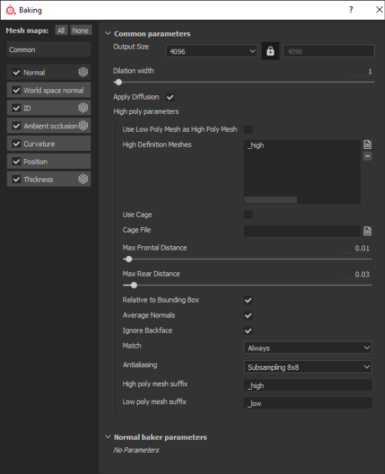 Substance Painter baking settings for a low-poly asset