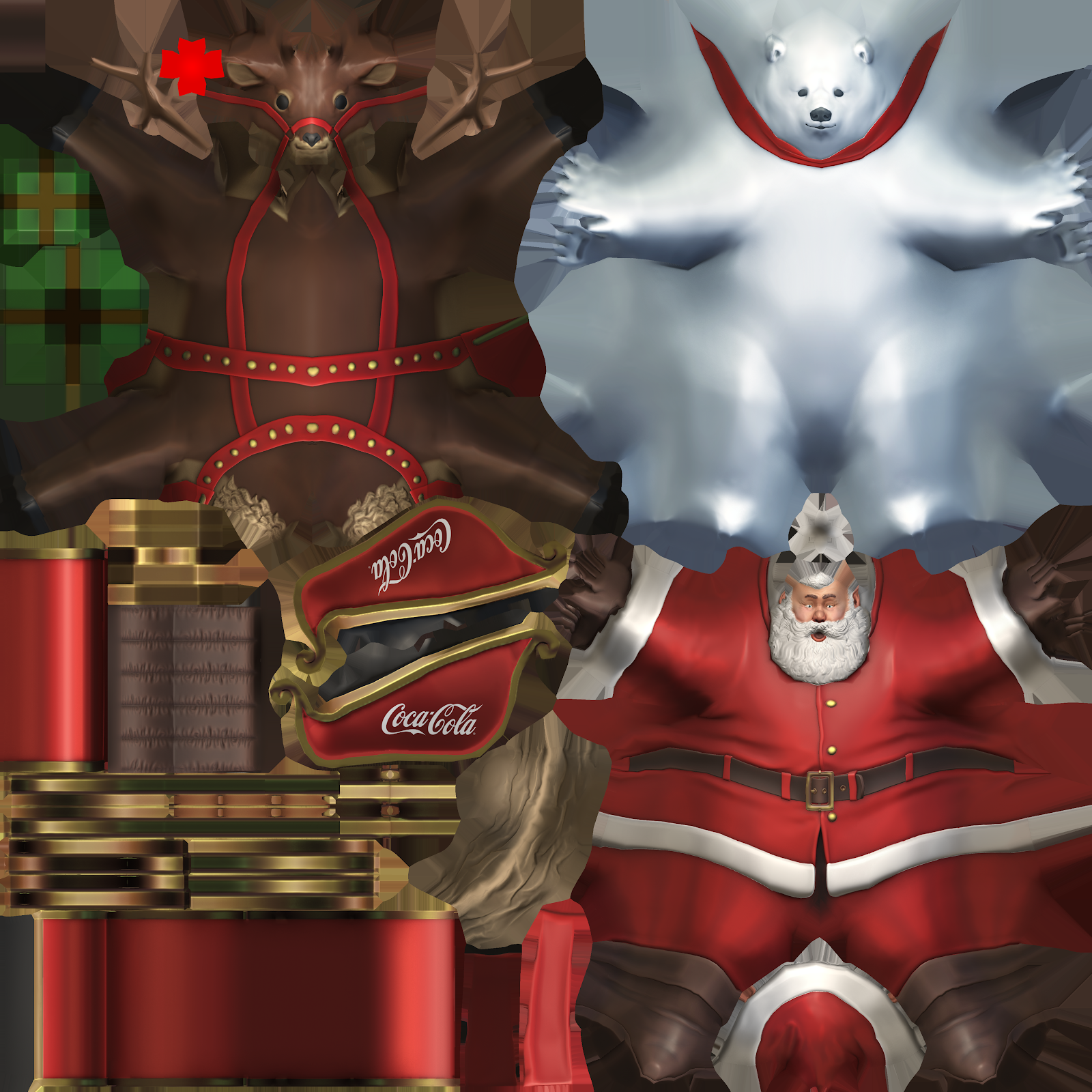 Final Santa Claus texture atlas with baked shadows, rim lights and stylized metals