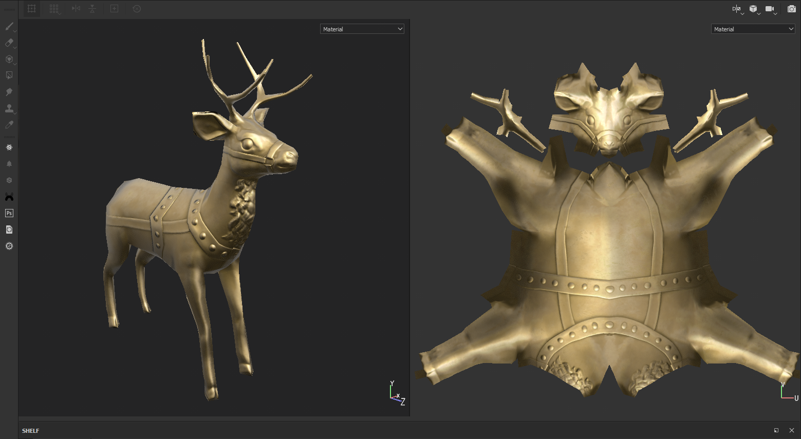 Standard PBR gold applied to a reindeer and unwrapped Santa coat