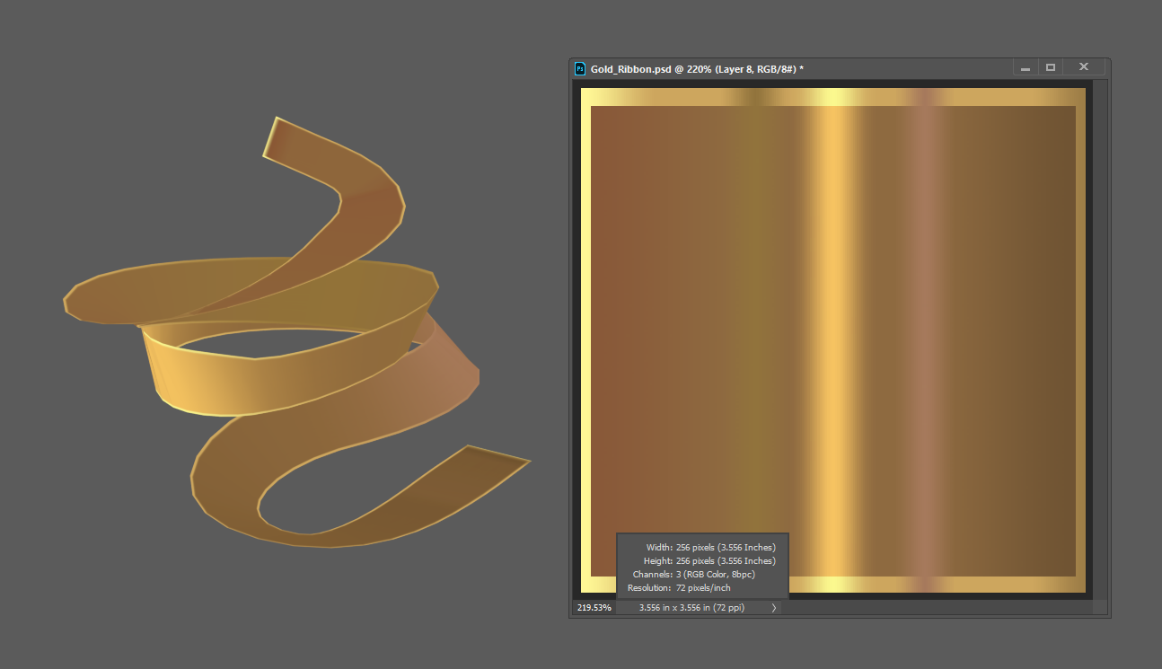Gold ribbon beside its compact square UV texture