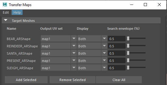 Maya Transfer Maps target mesh and search envelope controls