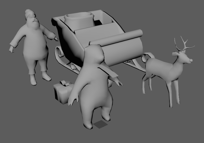 Low-poly Santa, bear, sleigh, gift and reindeer source meshes