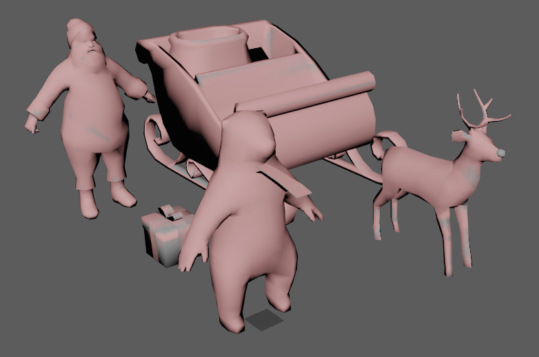 Expanded pink cage meshes surrounding the low-poly assets