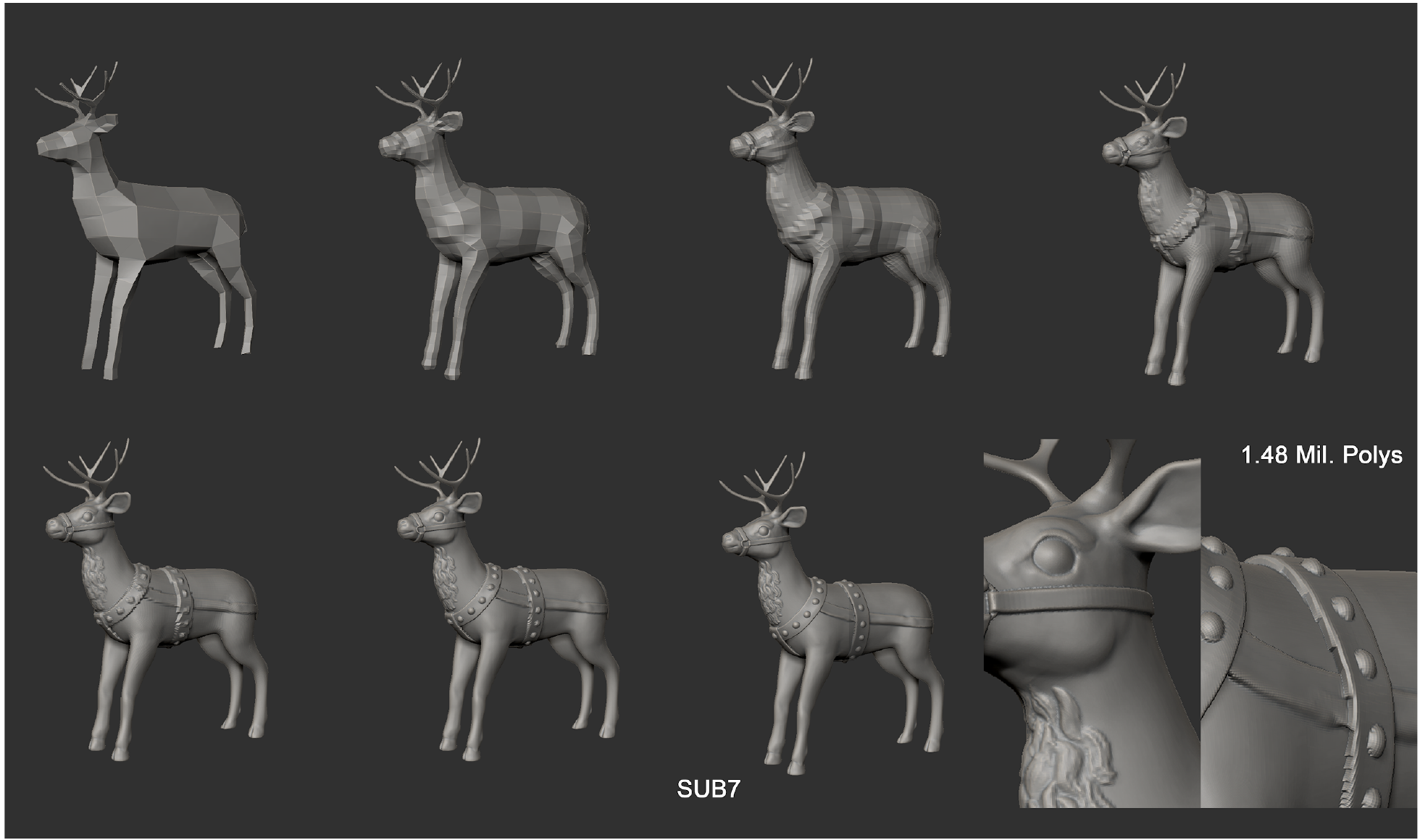 Reindeer subdivision stages progressing to 1.48 million polygons