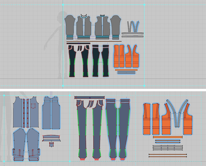 Marvelous Designer garment patterns arranged across separate UV tiles