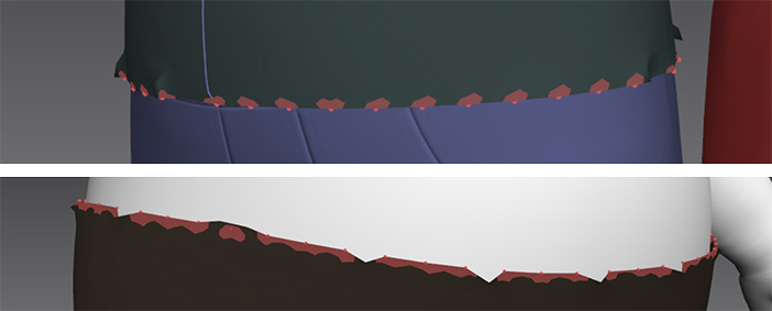 Pinned garment edges to avoid triangular mesh distortions