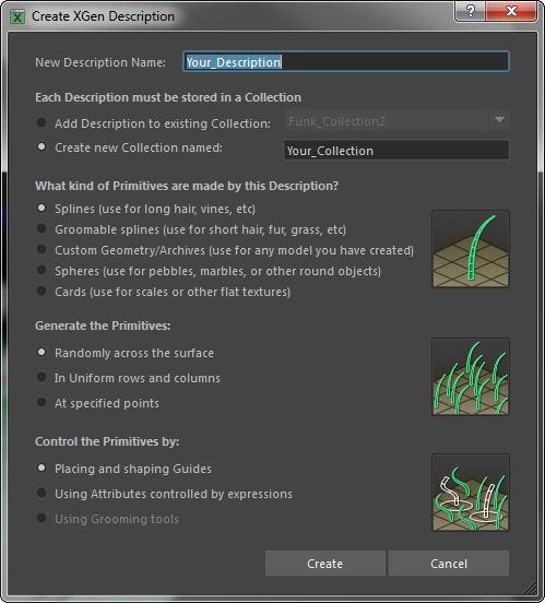 xGen description method using splines and guides
