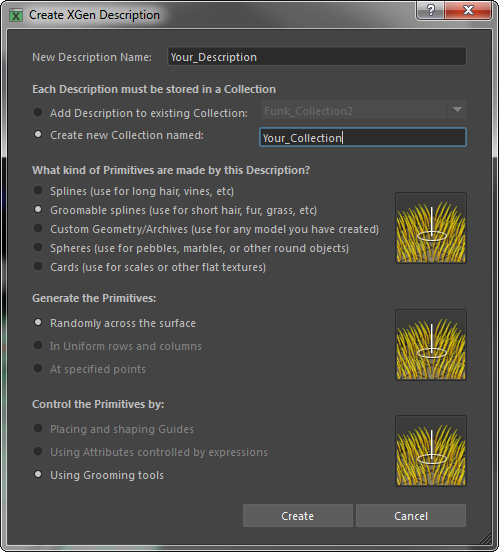 xGen description method using groomable splines