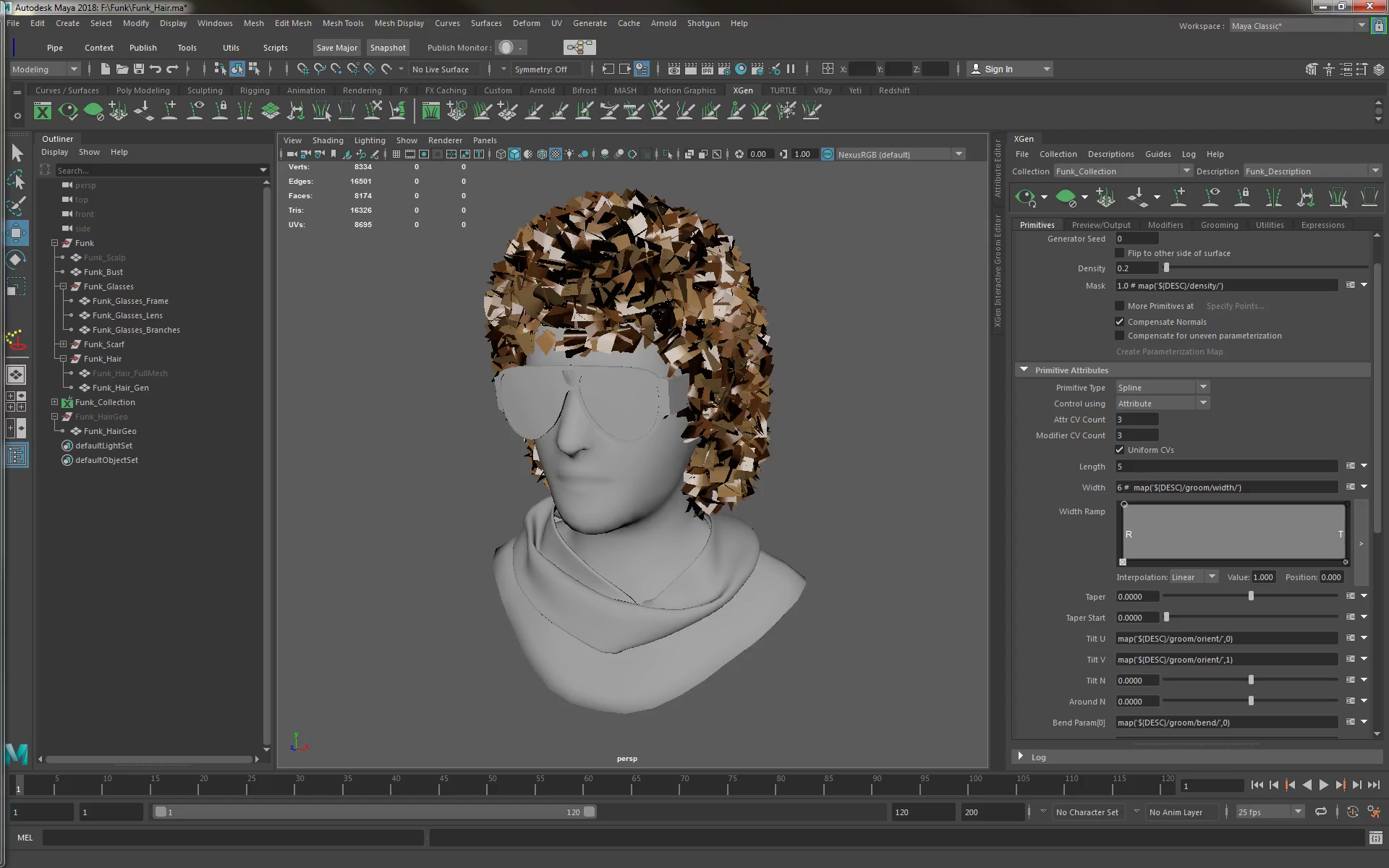 Maya xGen groom showing density, CV count and width settings