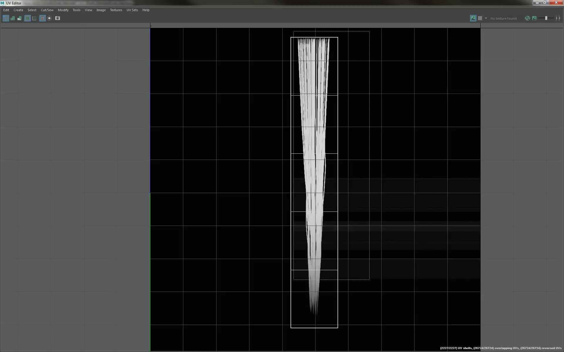 Hair-card UV shells aligned over a vertical hair texture in Maya