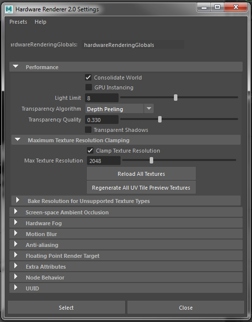 Maya Hardware Renderer settings with Depth Peeling selected