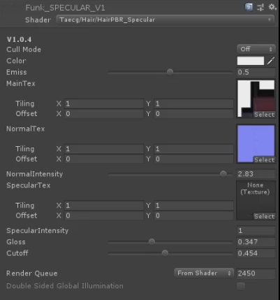 Unity hair shader settings for colour, normals, gloss and alpha cutoff