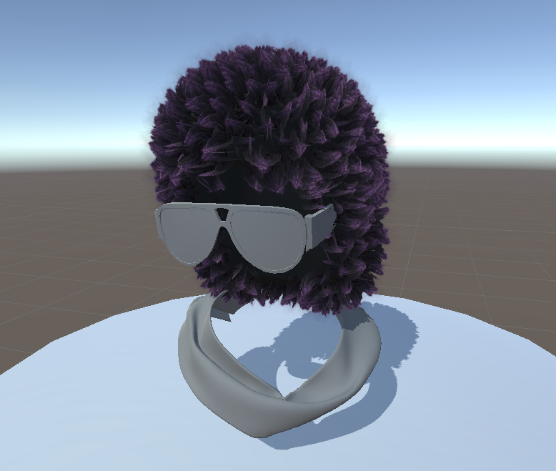Purple real-time hair cards displayed on a character in Unity